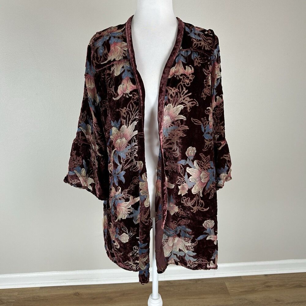 Live To Be Burnout Velvet Floral Kimono Wrap Boho Festival Cover Up Artsy